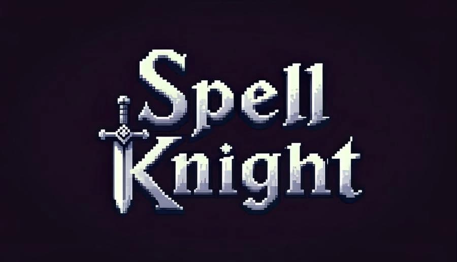 Spell Knight: Pixelated white title with sword forming the L in Spell above Knight on a dark purple background.