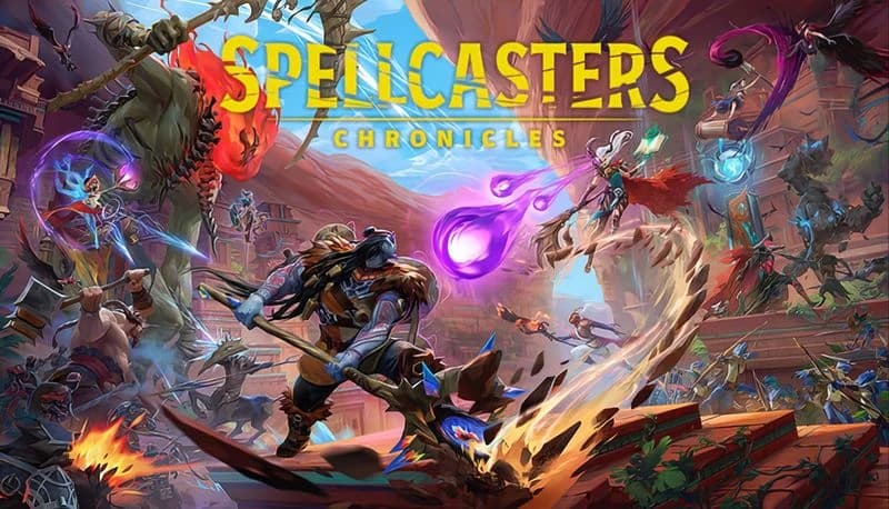Spellcasters Chronicles: Warriors and mages battle with magic and weapons in a vibrant canyon surrounded by mystical creatures.