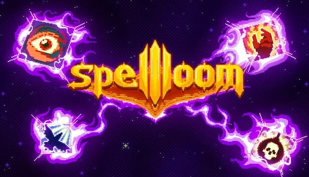 Four glowing, pixel art icons surround a golden emblem. Icons: an eye, a skull, a raven silhouette, and a hand.