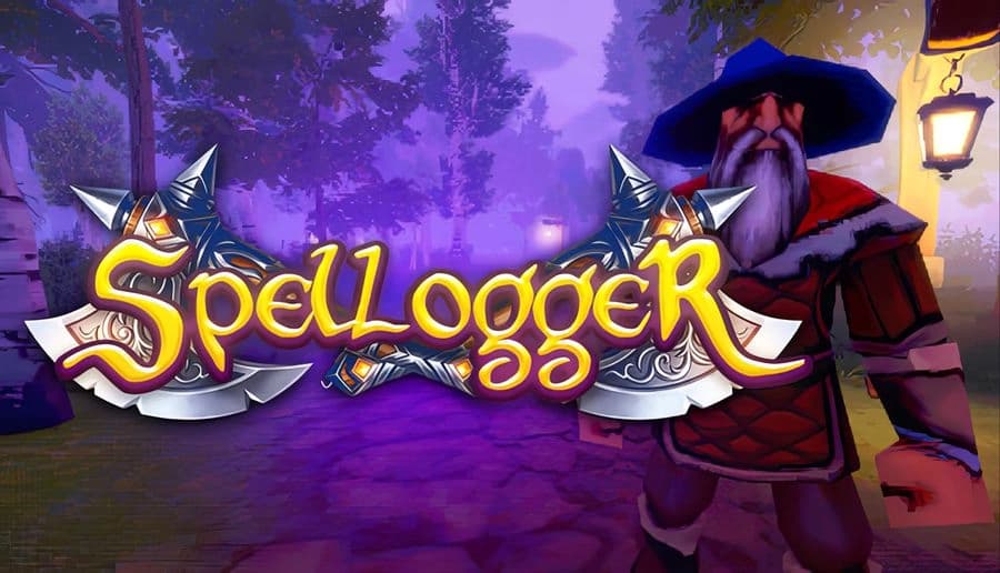 Spellogger: Bearded wizard lumberjack in blue hat and red tunic holding an axe beside forested purple mountains.