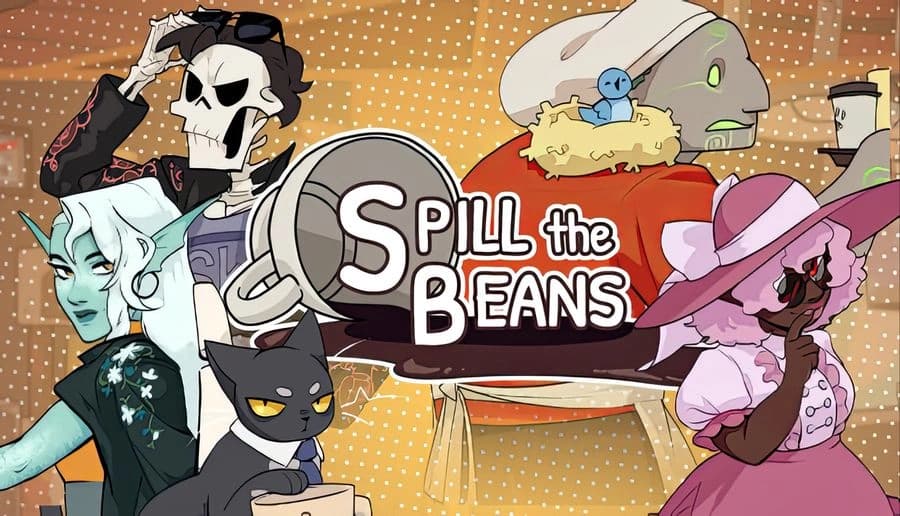 Spill the Beans: skull-faced man in suit tips hat beside elf woman, cat, and fancy woman in cafe backdrop.