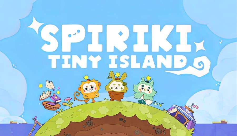 Spiriki: three cute nature spirits stand on a grassy island hill under blue sky, with rocks and a tilted boat nearby.