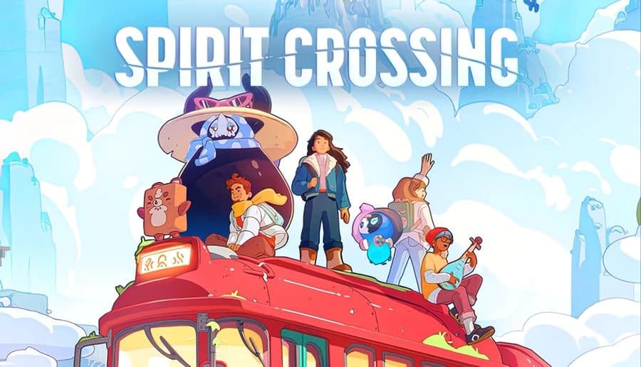 Spirit Crossing: group of travelers stand atop a red tram under a blue sky, snowy mountain town behind them.