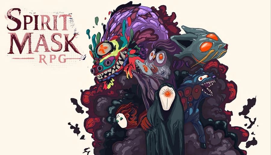 Spirit Mask RPG: hulking masked monster with glowing eyes and smaller spirits swirling on a white background.