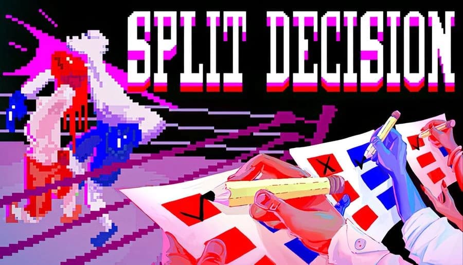 Split Decision: Gloved referee hand signs a checkmark over score sheets as boxers trade punches in a pixel ring.