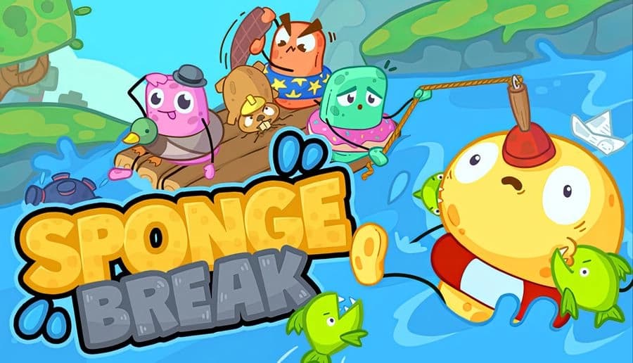 Sponge Break: Four cartoon sponge animals crowd a raft on a river with rocks, splashes, and tossed debris all around.