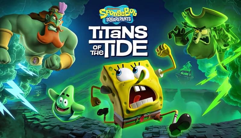 SpongeBob SquarePants: SpongeBob, Patrick, and three ghostly titans charge in a stormy seascape with lightning.