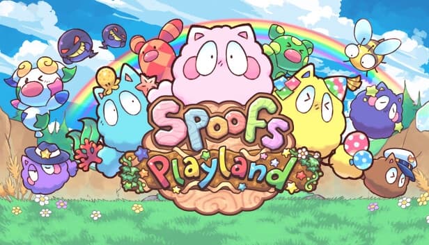 Colorful, round Spoofs with round bodies and big eyes gathering excitedly beneath a vivid rainbow, bees flying nearby.