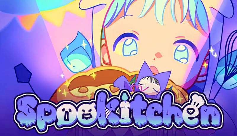 Spookitchen: Young girl in a witch hat holds a plate of food, colorful tent backdrop with stars and festive lights.