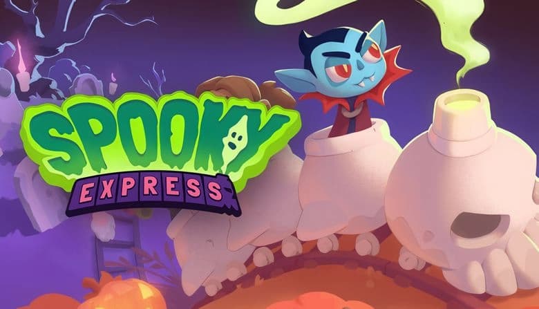 Cartoon vampire with sharp fangs and red cape rides a skull-shaped train emitting green steam. Graveyard visible behind.