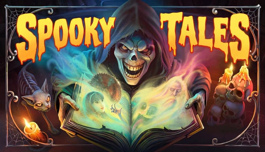 Spooky Tales: Hooded skull-faced ghoul grins over glowing open book with ghostly figures, cat, and melting candles.