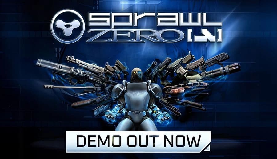 SPRAWL zero: armored humanoid robot holding rifles with more guns fanned behind, blue futuristic tech backdrop.