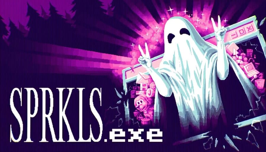 SPRKLS.exe: Ghost with peace signs emerges from computer screen in dark forest setting, surrounded by digital icons.