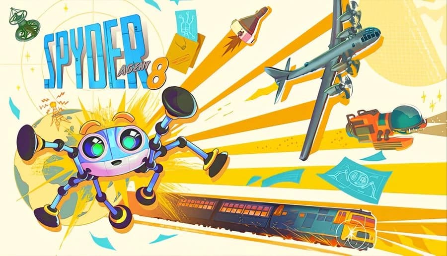 Spyder: robot spider agent with big goggles and raised legs beside title text on bright yellow splatter backdrop.