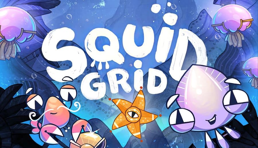 Squid Grid: Smiling pink squid with big eyes swims past jellyfish in a blue underwater cave with bubbles and sea glow.