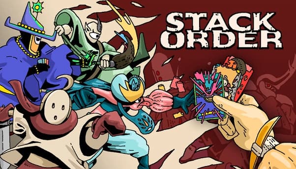 Stack Order: Masked swordsman and blue-clad fighter clash with monster in red, shadowy battlefield backdrop.