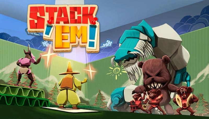 STACK'EM!: Wizard in yellow vs. robot knight and toy bears in a colorful arena with mountains and a big mechanical bear.
