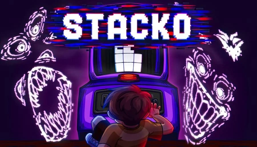 Stacko: boy faces arcade machine with glitchy red STACKO text, flanked by neon monsters on a purple backdrop.