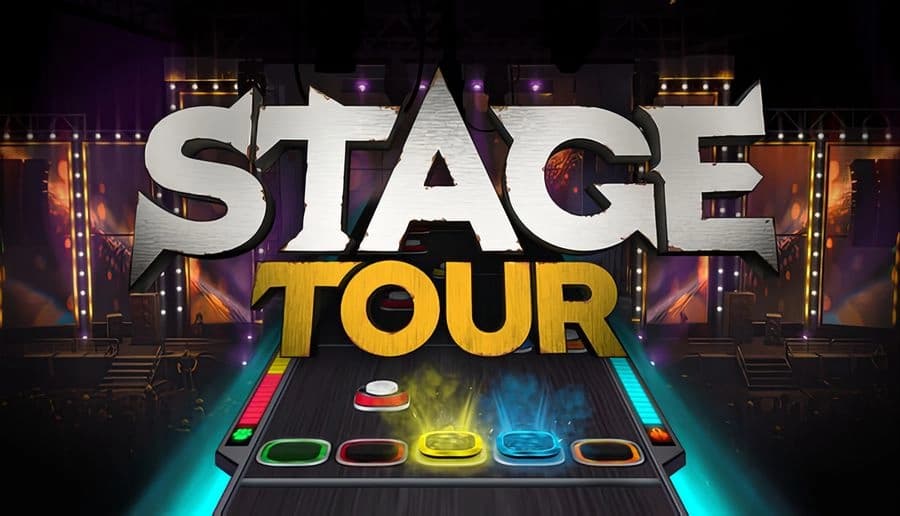 STAGE TOUR: Four glowing fret buttons on a guitar controller lane leading toward a lit concert stage with speakers and spotlights.