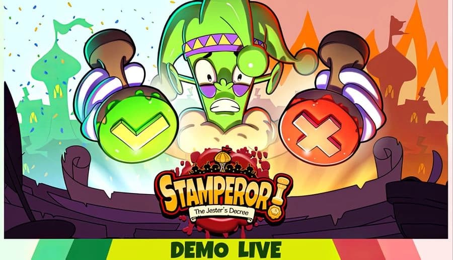 Stamperor! The Jester’s Decree: Green-faced alien jester looks worried between check and X buttons in fiery arena.