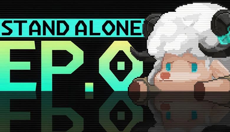 A pixel-art goat with fluffy white fur and dark horns lies on a reflective surface, gazing forward with bright blue eyes.