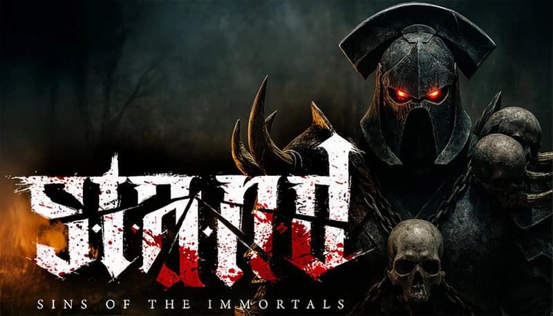 STAND: Dark armored figure with glowing red eyes holds skulls in fiery, shadowy background, creating a menacing scene.