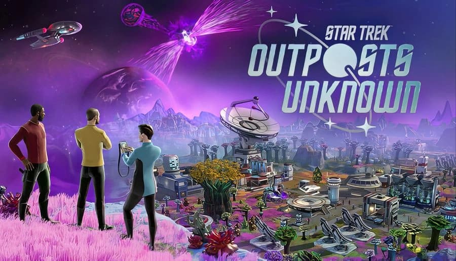 Star Trek: three crew members study a glowing purple alien landscape beside a busy colony base under starry sky.