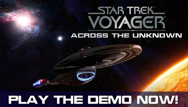 Star Trek: Starship Voyager flying through deep space with a vibrant nebula and orange planet visible in the background.