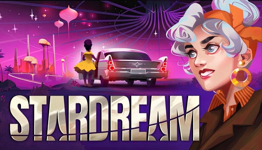 Stardream: Woman with blue hair and orange bow looks ahead as a man stands by a retro car in a purple cityscape.