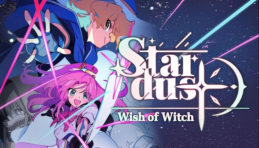 STARDUST: Young girl with pink hair and mage with staff soar through starry sky, surrounded by colorful magical beams.