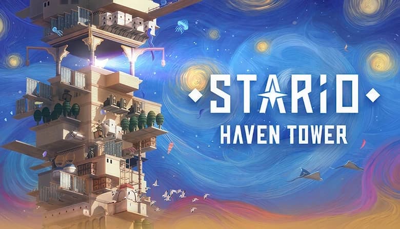 Tall tower city with stacked buildings and gardens, set against a swirling starry sky backdrop featuring blue flying eels.
