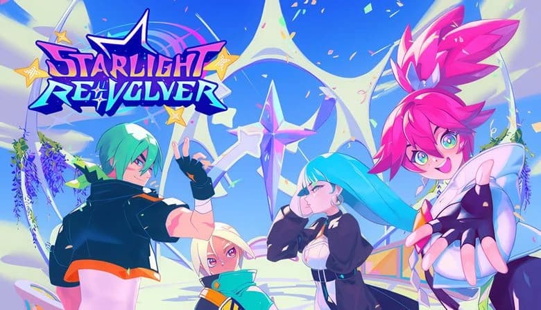 Four diverse anime characters in dynamic poses, featuring vibrant hairstyles and outfits, stand under a futuristic sky.
