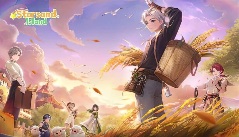 Starsand Island Demo: Young man holding wheat in field, surrounded by friends and sheep under a vibrant sunset sky.
