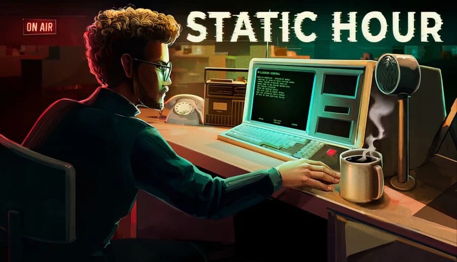 Static Hour: man with glasses types at glowing computer beside mic and coffee mug in dim radio studio desk.