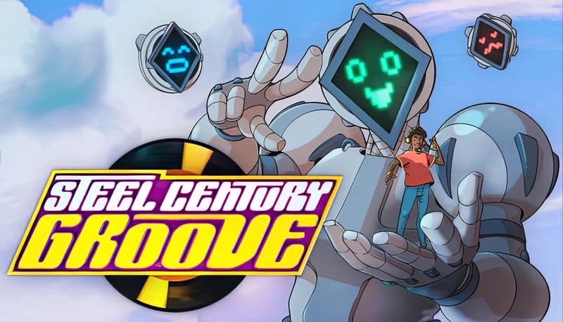 Steel Century Groove: Smiling robot with screen face holds young man, two emoticon drones hover in blue sky backdrop.