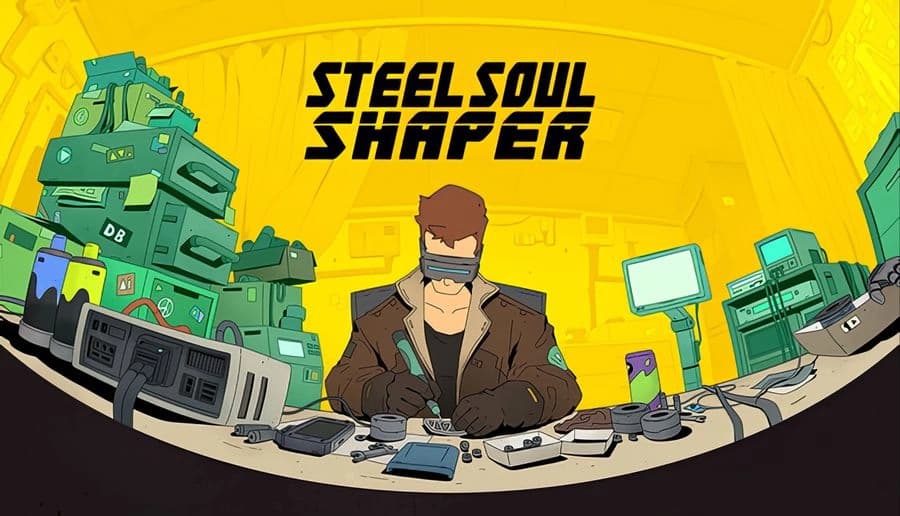 Steel Soul Shaper: visor-wearing man works at cluttered cyberware clinic desk with monitors and stacked machines behind.