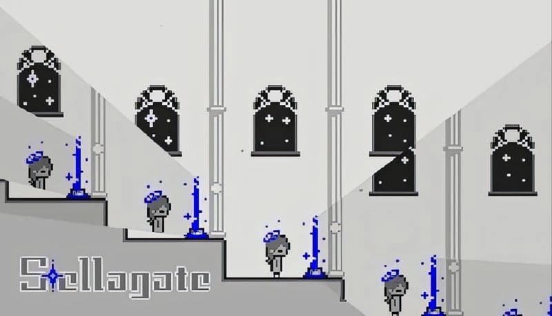 Stellagate: Gray figures with halos on stairs, blue portals nearby, arched windows in minimalist monochrome setting.