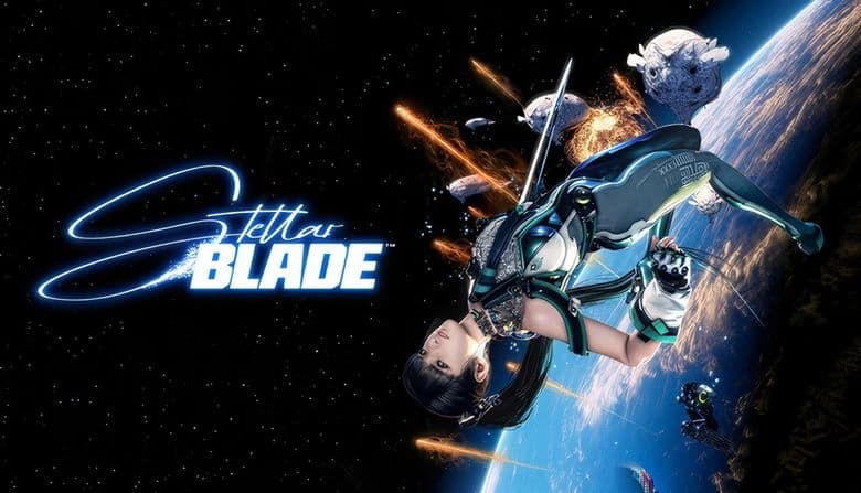 A woman in sleek futuristic green attire floats in space, holding a sword amid explosions and asteroids. Earth in background.