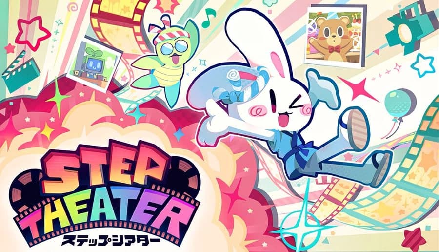 STEP THEATER: smiling cartoon rabbit in blue outfit running with musical notes and winged character pastel backdrop.
