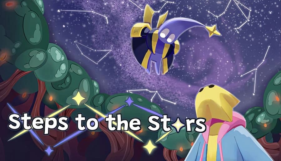 Steps To The Stars: hooded wizard floats above cloaked traveler in starry sky with constellations over forest canopy.