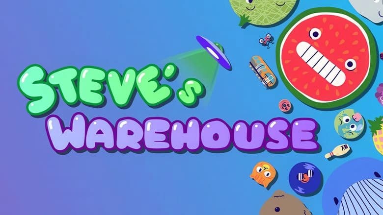 A large watermelon character with a quirky face is surrounded by floating objects like a bowling pin, cat, whale, and UFO.