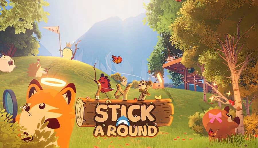 Stick A Round: Kids hold sticks in a sunny grassy clearing with trees, tents, and a treehouse platform nearby.