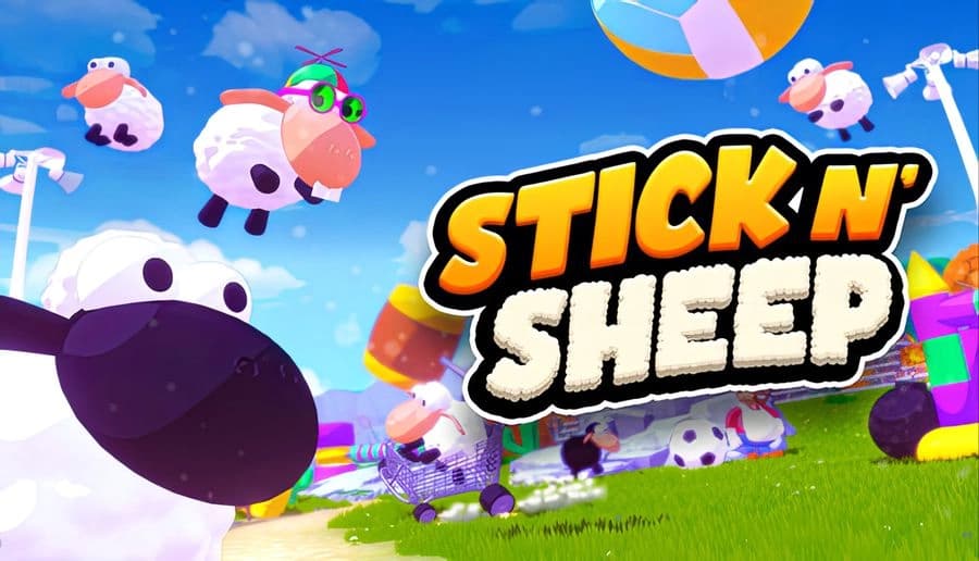 Stick N’ Sheep: cartoon sheep bounce over green hills, one close-up sheep face, bright blue sky with clouds background.