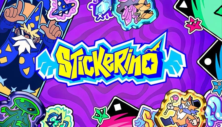 Stickerino: Cartoon wizard with star hat raises finger beside playing cards and stickers on a purple background.