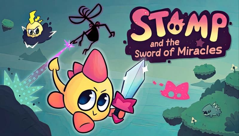 Stomp and the Sword of Miracles: Yellow creature with sword jumps, purple magic creature in sky, green hills background.