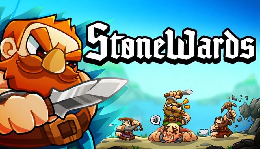 Stonewards: red-bearded dwarf warrior holds a sword while smaller dwarves battle on a rocky hill under blue sky.