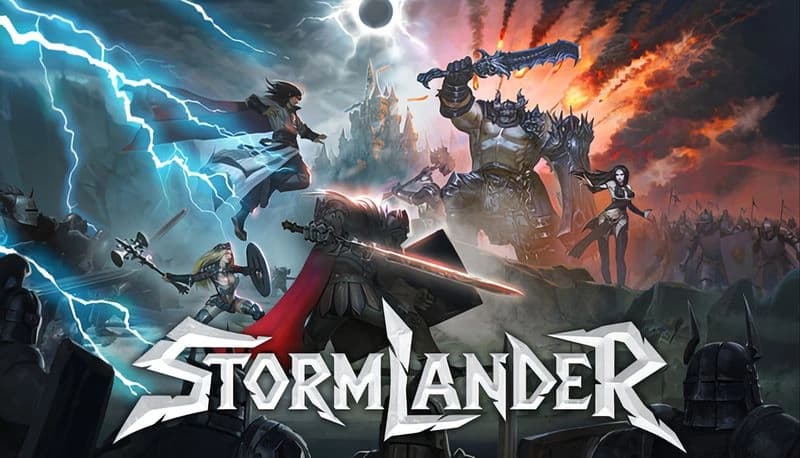 Stormlander: Warriors clash against giants under a dark sky with lightning, a towering castle looming in the background.