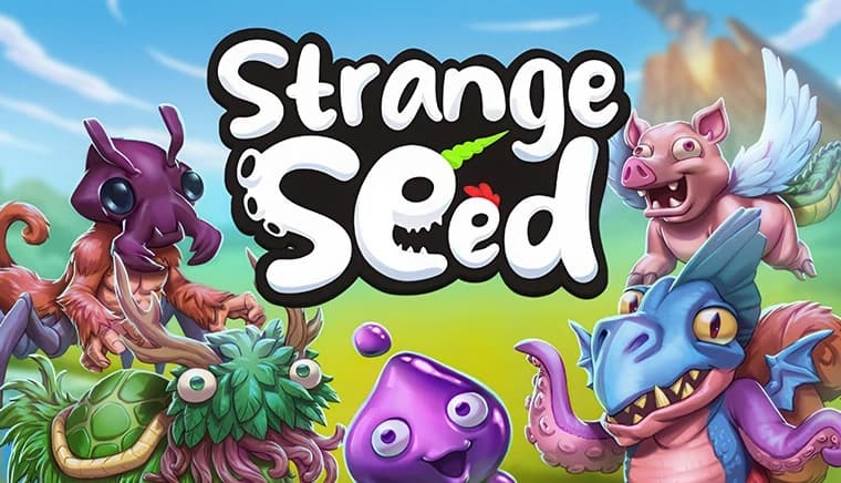 A vibrant scene features a smiling purple blob creature amidst fantastical creatures, like a tentacled dragon and a winged pig.