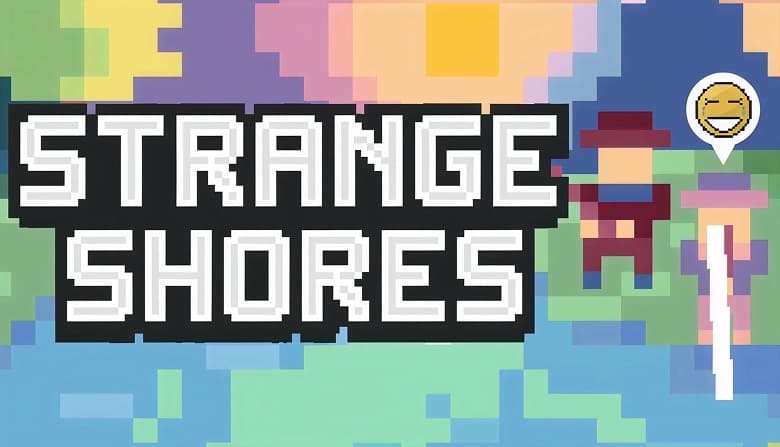 Pixel art style scene with a man and woman fishing next to each other. They stand on colorful abstract land, sunset behind.