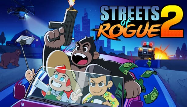 Streets of Rogue 2: Gorilla and duo drive at night with cash flying, helicopter above, and bear in urban cartoon setting.